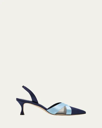 Manolo Blahnik Bicolor Silk Halter Slingback Pumps In Navy