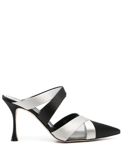 MANOLO BLAHNIK BLACK 90MM OYOUNAK MULES - WOMEN'S - CALF LEATHER/SATIN