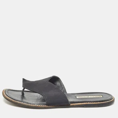 Manolo Blahnik Black Canvas Thong Flat Slides In Gray