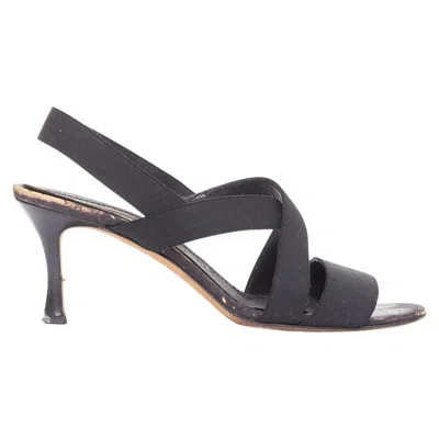 Pre-owned Manolo Blahnik Black Elastic Strap Cork Sole Spool Mid Sandals Eu37