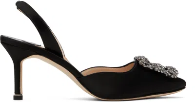 MANOLO BLAHNIK BLACK HANGISLI SLINGBACK HEELS