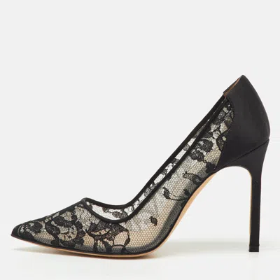 Pre-owned Manolo Blahnik Black Lace And Satin Bb Pointed Toe Pumps Size 36.5