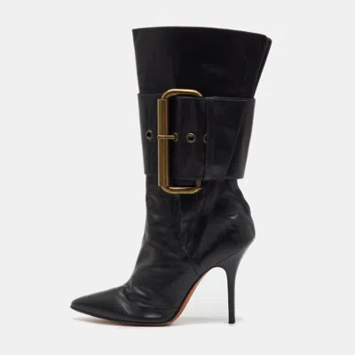Pre-owned Manolo Blahnik Black Leather Buckle Strap Mid Calf Length Boots Size 38.5