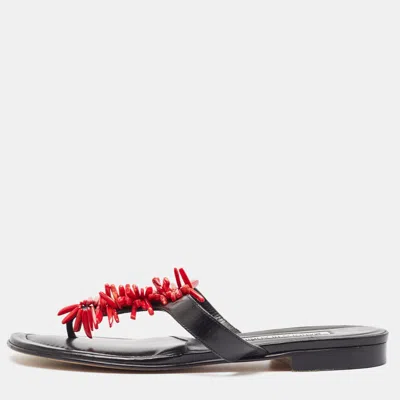 Manolo Blahnik Black Leather Embellished Thong Flats In Multi
