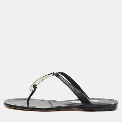 Pre-owned Manolo Blahnik Black Leather Flat Thong Sandals Size 40