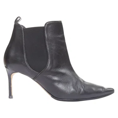 Pre-owned Manolo Blahnik Black Leather Pointy Toe Ankle Boot Heels Eu39.5