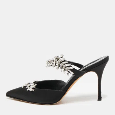 Pre-owned Manolo Blahnik Black Satin Crystal Embellished Lurum Mules Size 40