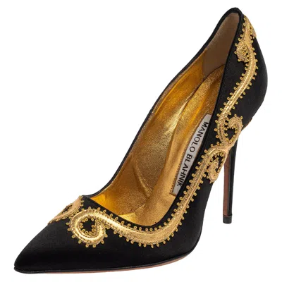 Manolo Blahnik Black Satin Embroidered Pointed Toe Pumps In Gold