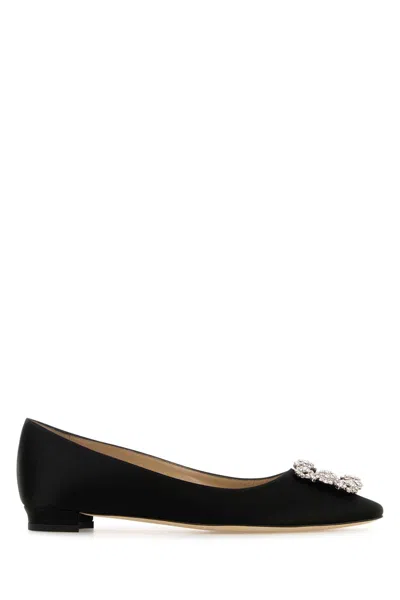 MANOLO BLAHNIK BLACK SATIN HANGISI BALLERINAS