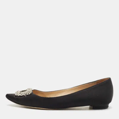 Manolo Blahnik Black Satin Hangisi Crystal Embellished Ballet Flats