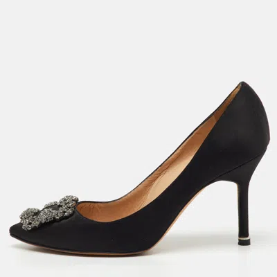 Pre-owned Manolo Blahnik Black Satin Hangisi Crystal Embellished Pumps Size 36.5