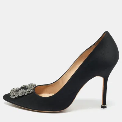 Pre-owned Manolo Blahnik Black Satin Hangisi Crystal Embellished Pumps Size 38.5