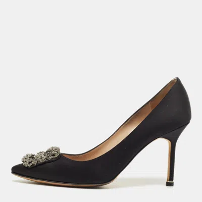 Pre-owned Manolo Blahnik Black Satin Hangisi Crystal Embellished Pumps Size 38.5