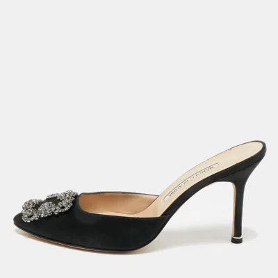 Pre-owned Manolo Blahnik Black Satin Hangisi Mules Sandals Size 38