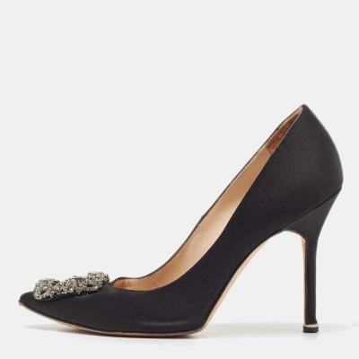 Pre-owned Manolo Blahnik Black Satin Hangisi Pumps Size 38.5