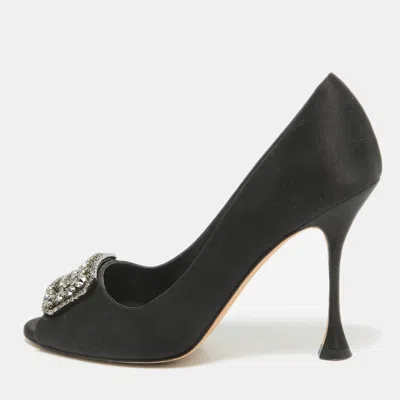 Pre-owned Manolo Blahnik Black Satin Matik Peep Toe Pumps Size 37.5