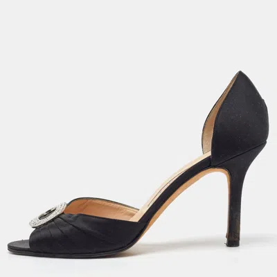 Pre-owned Manolo Blahnik Black Satin Pleated Sedaraby D'orsay Pumps Size 37.5
