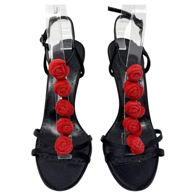 Pre-owned Manolo Blahnik Black Satin Stiletto Sandals? Red Rose Embellishment Size 37.5