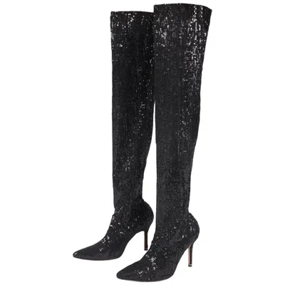 Pre-owned Manolo Blahnik Black Sequin Stretch Thigh High High-heeled Boots Nbw