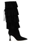 Manolo Blahnik Suede Miralone Boots With Pointed Toe And Ruffled Design In Black