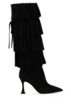 Manolo Blahnik Suede Miralone Boots With Pointed Toe And Ruffled Design In Black