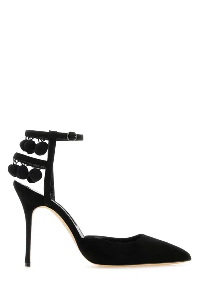 Manolo Blahnik Tumusami 105 Pom Pom-embellished Suede Pumps In Blck