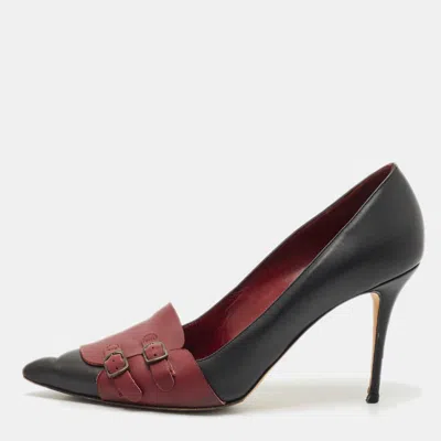 Pre-owned Manolo Blahnik Black/burgundy Leather Cajada Pointed Toe Pumps Size 38