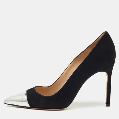 Manolo Blahnik Black/silver Suede And Leather Bipunta Cap-toe Pumps