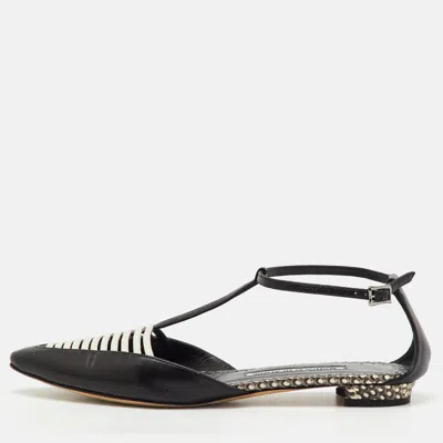 Manolo Blahnik Black/white Leather Carolyne Flat Strappy Sandals