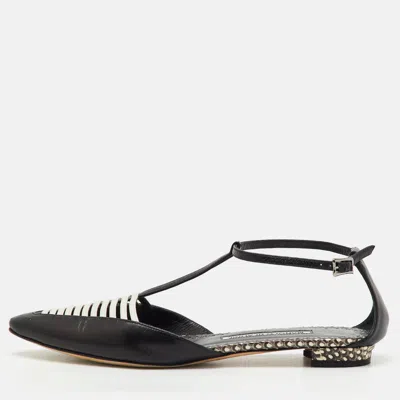 Pre-owned Manolo Blahnik Black/white Leather Carolyne Flat Strappy Sandals Size 36