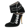 Manolo Blahnik Black/white Suede And Fabric Rapacina Button Detail Booties In Black