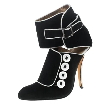 Manolo Blahnik Black/white Suede And Fabric Rapacina Button Detail Booties