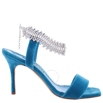 Manolo Blahnik Blue Parinasan Crystal Strap Sandals