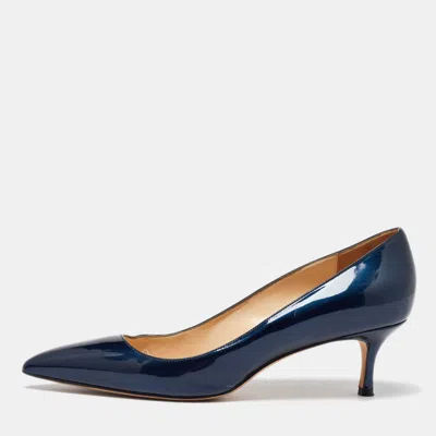 Pre-owned Manolo Blahnik Blue Patent Leather Pointed Toe Pumps Size 38