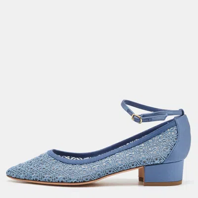 Pre-owned Manolo Blahnik Blue Satin And Lace Listana Block Heel Ankle Strap Pumps Size 36