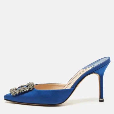 Pre-owned Manolo Blahnik Blue Satin Crystal Buckle Hangisi Mules Size 36