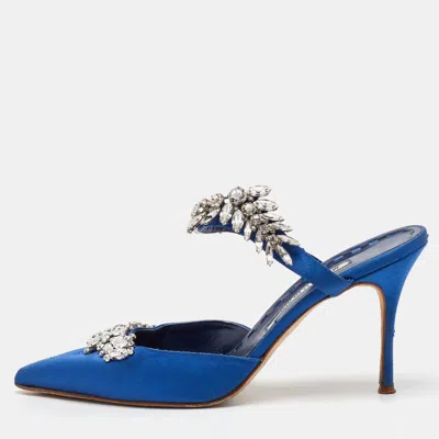 Pre-owned Manolo Blahnik Blue Satin Crystal Embellished Lurum Pointed Toe Mules Size 40