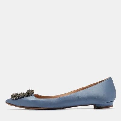 Pre-owned Manolo Blahnik Blue Satin Hangisi Ballet Flats Size 37