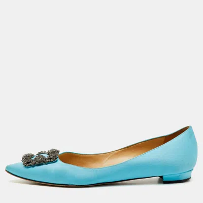 Pre-owned Manolo Blahnik Blue Satin Hangisi Ballet Flats Size 39