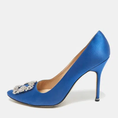 Pre-owned Manolo Blahnik Blue Satin Hangisi Crystal Embellished Pointed Toe Pumps Size 39.5