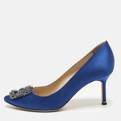 Pre-owned Manolo Blahnik Blue Satin Hangisi Crystal Embellished Pumps Size 39