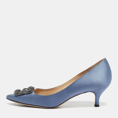 Pre-owned Manolo Blahnik Blue Satin Hangisi Crystal Embellished Pumps Size 41