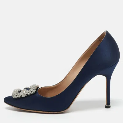 Pre-owned Manolo Blahnik Blue Satin Hangisi Embellished Pumps Size 39.5