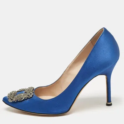 Pre-owned Manolo Blahnik Blue Satin Hangisi Pumps Size 37.5