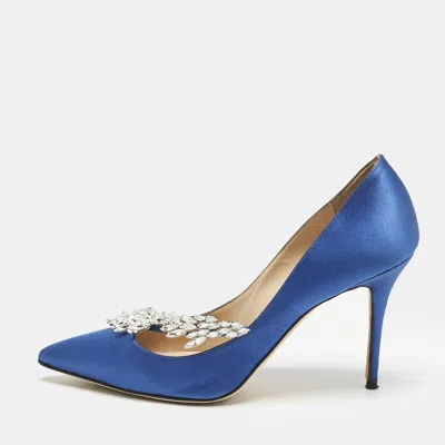 Pre-owned Manolo Blahnik Blue Satin Nadira Crystal Embellished Pointed Toe Pumps Size 38
