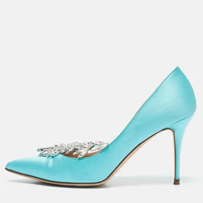Pre-owned Manolo Blahnik Blue Satin Nadira Crystal Embellished Pointed Toe Pumps Size 38.5