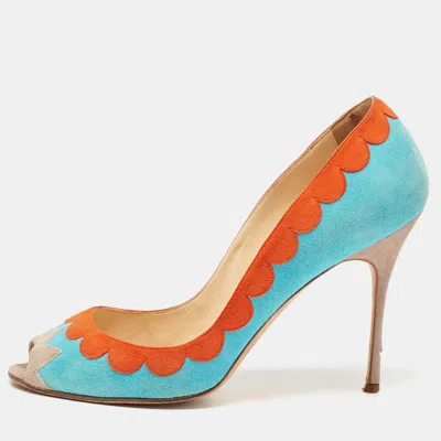 Manolo Blahnik Blue/orange Suede Peep Toe Pumps