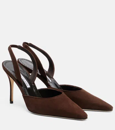 Manolo Blahnik Borelapla Suede Slingback Pumps In Brown