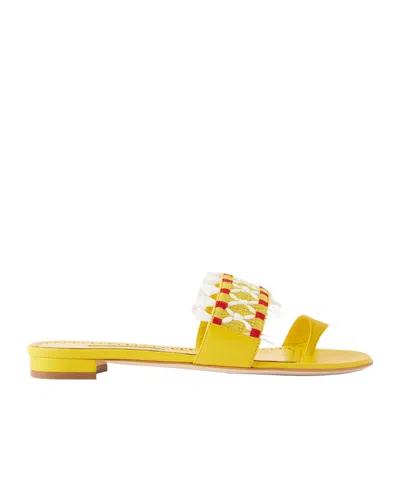 Manolo Blahnik Brava Raffia-trimmed Crocheted Leather Sandals In Yellow