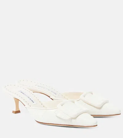 Manolo Blahnik Bridal Maysale 50 Croc-effect Leather Mules In White